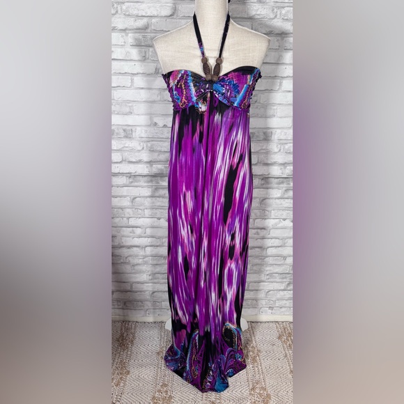 Tropical Wood Beaded Purple and Black Halter Maxi Dress - Picture 1 of 8